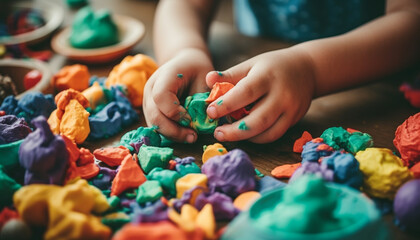 Children playing with vibrant colors, paint and craft indoors happily generated by AI