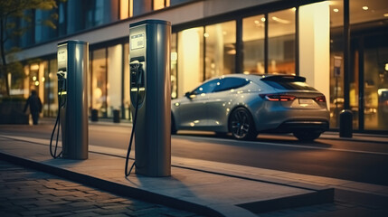 A bank of electric car chargers, Charging of an electric car .