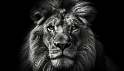 Naklejka premium Majestic black and white lion, king of the savannah generated by AI