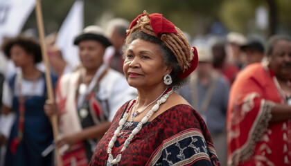 Indigenous cultures celebrate traditional festivals with colorful clothing and smiling faces generated by AI