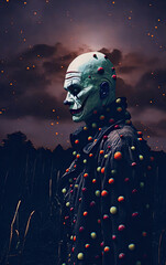 clown Zombie in the forest at night. Halloween. illustration.