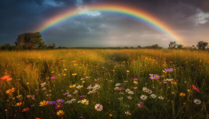 Vibrant rainbow colors illuminate tranquil meadow in rural summer landscape generated by AI