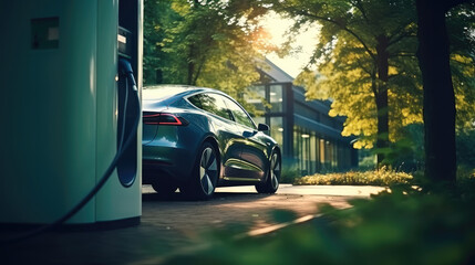 Modern fast electric vehicle chargers for charging car.