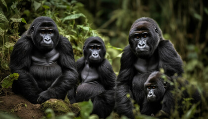 Baby bonobo family sitting in lush African rainforest wilderness generated by AI