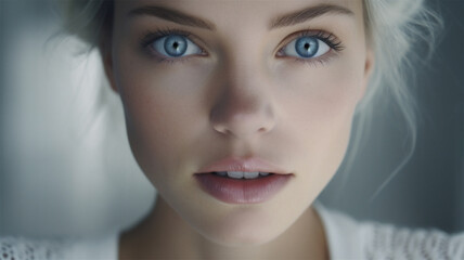 A tightly closeup studio portrait of a beautiful woman with a clean complexion and large bright eyes. Skin care and makeup.