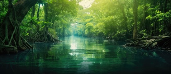 Mangrove forest in tropical coastal swamps with flooded areas