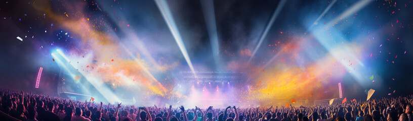 Rock Concert. Electronic Dance Music Festival. Silhouettes of concert crowd in front of bright...