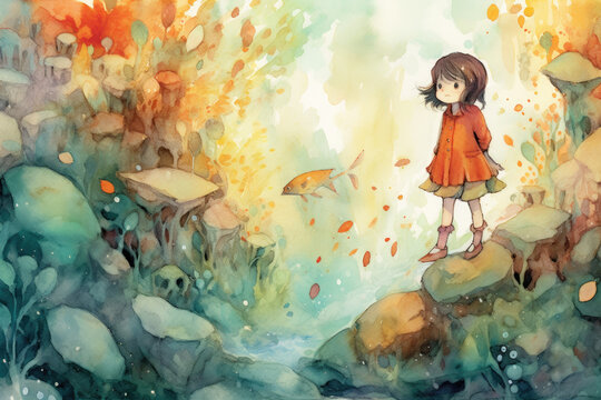 Watercolor illustration of a little girl standing on the underwater cliff, surrounded by autumn water.
