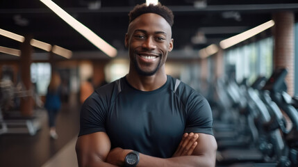 Portrait of black man posing after training in gym. - obrazy, fototapety, plakaty