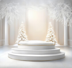 Empty podium with snowy trees and nature. calm and elegant winter(christmas) atmosphere for product presentation. Mockup for branding, packaging, marketing, web, banner, editorial, printed matter.
