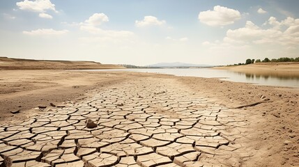 Dry river or lake with cracked ground. Concept of global warming and water crisis