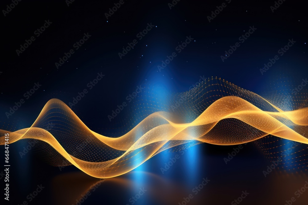 Aufkleber abstract digital network waves and glowing blue and orange particle data on dark background. . gener