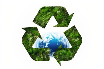 Green recycle symbol elements, white background with copy space. AI generative