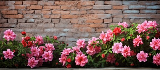 Fototapeta na wymiar Flowers by the brick wall behind the house
