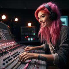 Diverse young woman with pink hair working in a recording studio at a mixing console, Generative AI