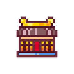 Pixel Art Asian style Temple House. Retro 8 bit Style Illustration or Chinese, Japanese, Korean Temple or Pagoda. Historic Oriental Architecture Sticker, Decorative Element, Game Asset, Emoji.	