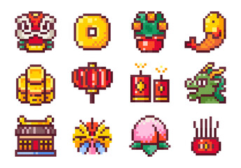 Pixel Art Lunar Korean Chinese New Year Holidays Set. 8bit Retro Style Asian Dragon Mask, Koi Fish, Stack of Coins, Temple, Celebration Fireworks, Peach, Incense Burner for emoji, stickers or badges.	