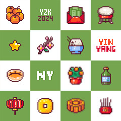 Chinese New Year Pixel Art Seamless Pattern. Gift, Festival Drums, Moon Cake, Incense Burner Sticks, Chinese Paper Lantern. 8 bit Lunar Festival Texture for Backgrounds and Traditional Celebrations.