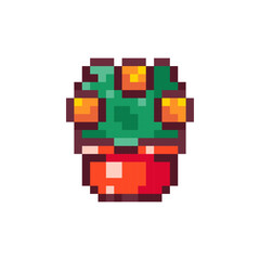 Pixel Art Chinese Orange Mandarin Tree in a Pot. Retro 8 bit Style Lunar Tangerine Fruit Illustration. Ideal for Sticker, Retro Decorative Element, Game Asset, Emoji, Patch, Avatar.	