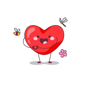 Cute Heart Character with heart sign. Valentine Day Mascot Heart with legs, hands and face. Vector Isolated Cartoon Illustration for 14 February Emoji, Valentine Postcard, Love Story Cards Print