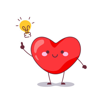 Adorable Heart Mascot with Bright Idea Lightbulb. Valentine's Day Expression of Love and Creativity. Vector Illustrated Design for Romantic Celebrations and Passionate Emotions.