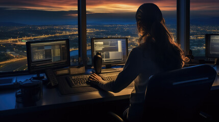 Air traffic controllers, Woman working as air traffic controller in airport control tower.