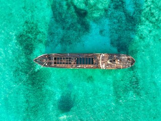 La Famille Express, the 1992 shipwreck, now a famous landmark off Long Bay Beach in Turks & Caicos.