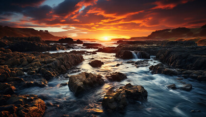 Obraz premium Majestic sunset over tranquil waters, nature beauty reflected in twilight generated by AI