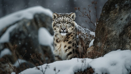 Fototapeta premium Endangered Bengal tiger stalking through snow covered forest, majestic beauty generated by AI