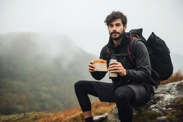 person hiking in the mountains in the morning. Generative AI