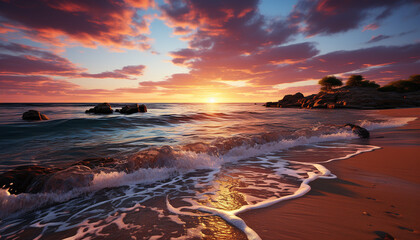 Sunset over the tranquil coastline, waves crashing on sandy shores generated by AI