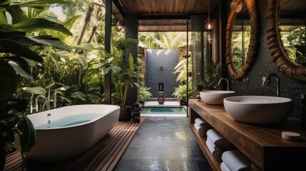 Semi out door bathroom of luxury villa, Accents of balinese, Wooden features. - obrazy, fototapety, plakaty