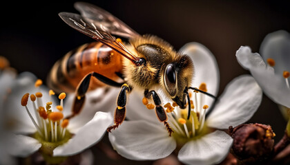 Busy honey bee picking up pollen from single flower generated by AI