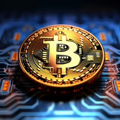Bitcoin crypto currency gold coin on computer circuit board
