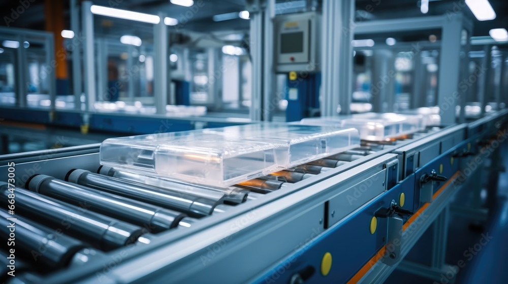 Poster high-speed automated packaging conveyor belt in a factory.