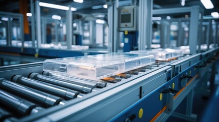 High-speed automated packaging conveyor belt in a factory. - obrazy, fototapety, plakaty