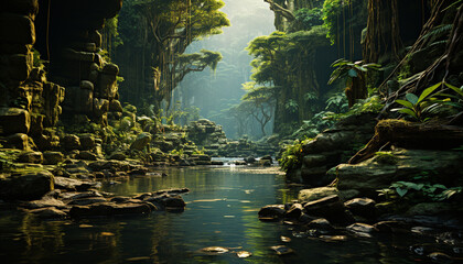 Mysterious forest, tranquil scene, deep reflection, natural beauty, famous place generated by AI