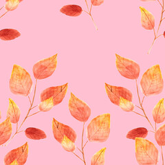 watercolor drawing, seamless pattern with yellow and brown leaves and twigs