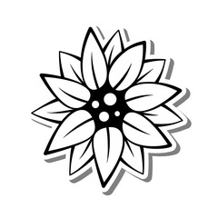 Mini Sunflower Bloom on white silhouette and gray shadow. Digital or printable sticker. Vector illustration for decorate logo, tattoo, card or any design.