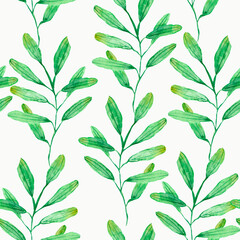 watercolor drawing, seamless pattern with green leaves and twigs