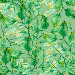 watercolor drawing, seamless pattern with green leaves and twigs