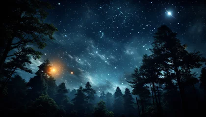 Muurstickers Mysterious night sky illuminates tranquil snowy forest with glowing stars generated by AI © Jemastock