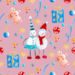 Seamless pattern for new year and christmas. Watercolor drawing.
