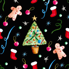 Seamless pattern for new year and christmas. Watercolor drawing.