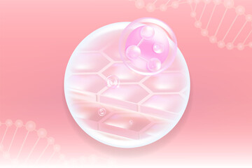 Hyaluronic acid hair and skin solutions ad, pink collagen serum drops into skin cells with cosmetic advertising background ready to use, illustration vector.