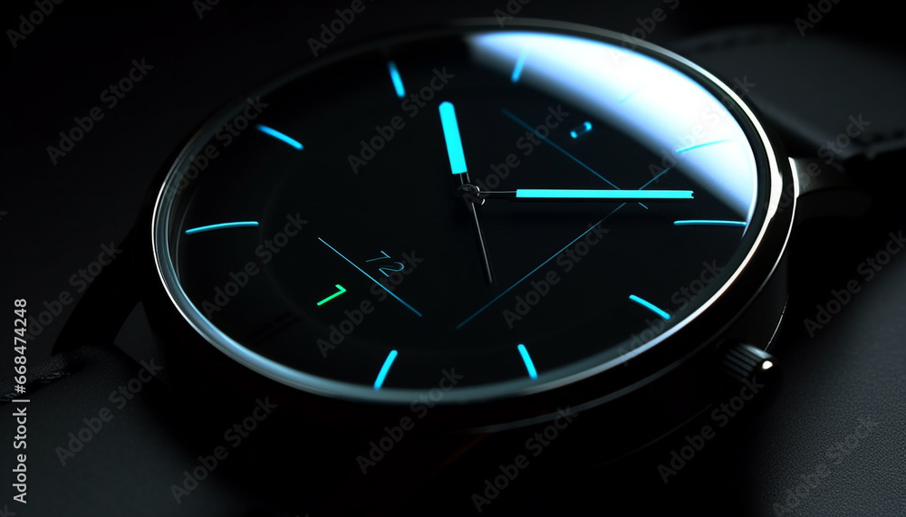 Aufkleber clock face illuminated in blue, symbolizing urgency and countdown to deadline generated by ai