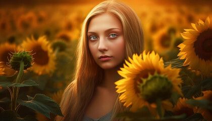 Young adult woman in a sunflower meadow, smiling at camera generated by AI