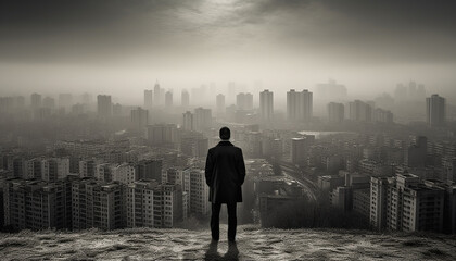 Fototapeta na wymiar Businessman standing in cityscape, looking at skyscrapers, achieving success generated by AI