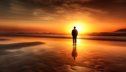 Fototapeta premium One person meditating on the tranquil beach at sunrise generated by AI