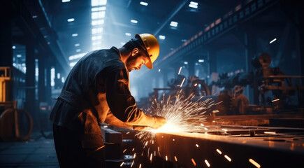 Industrial Worker welding steel used grinding stone on steel with sparks in factory. - obrazy, fototapety, plakaty